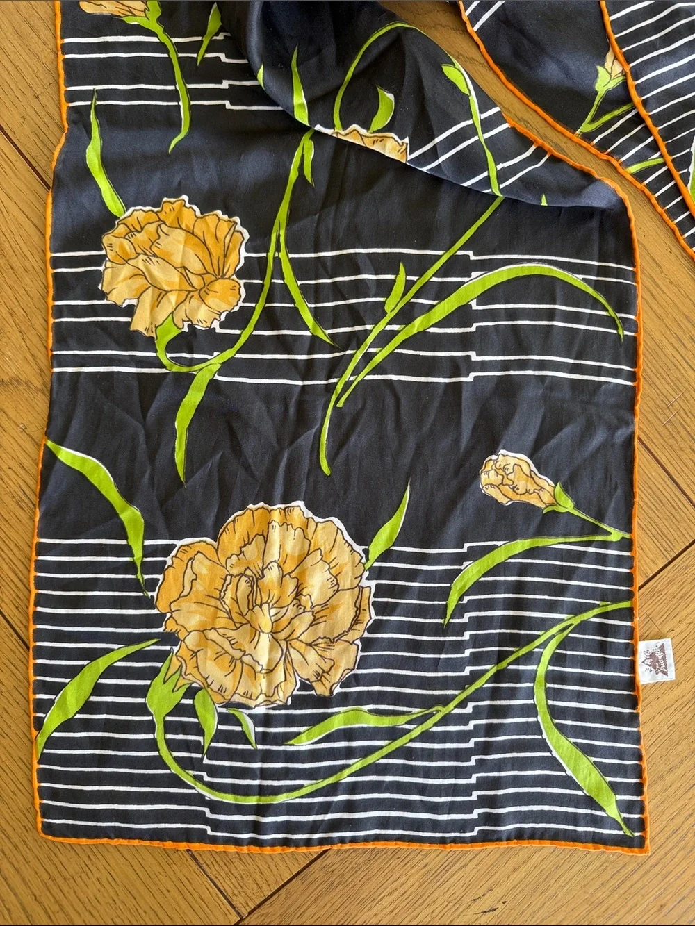 Vintage Triangle Brand 100% Silk Scarf Black Striped Floral Orange Trim